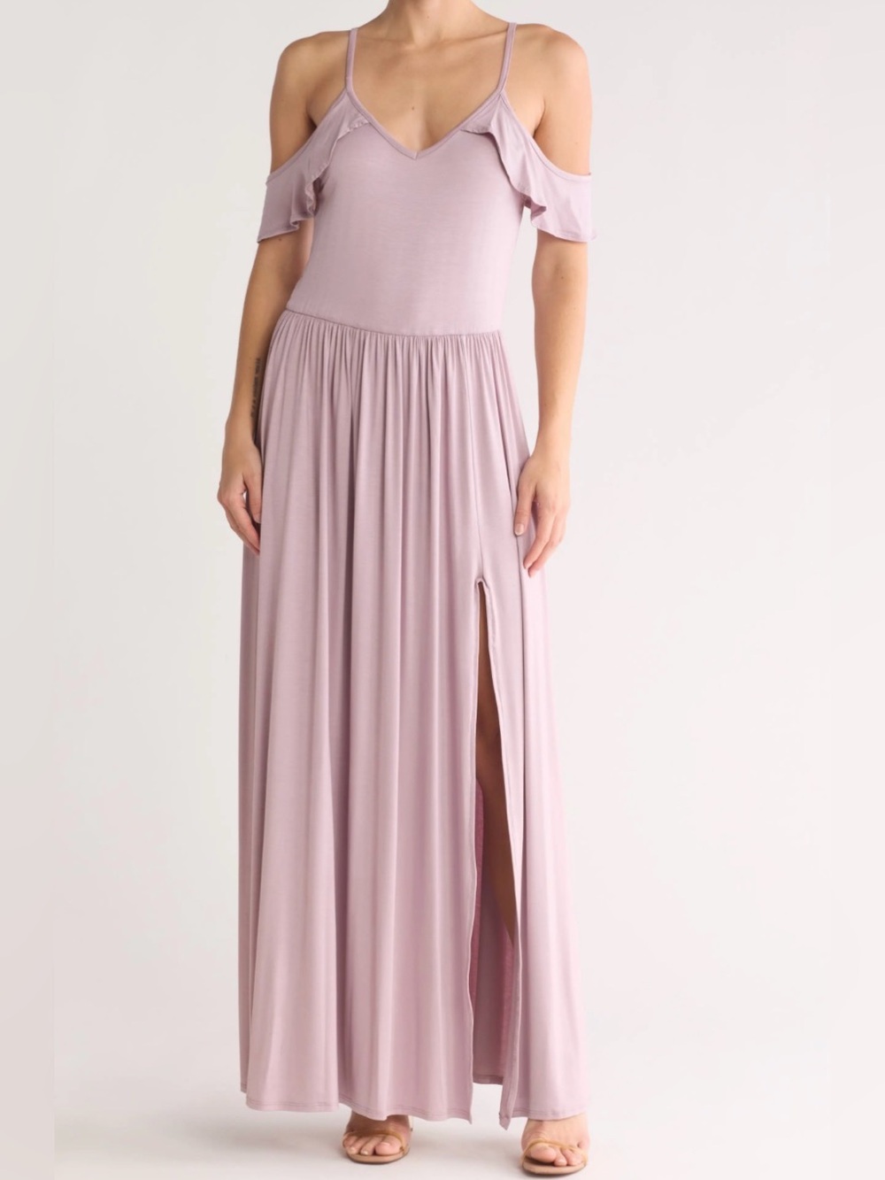 Go Couture Ruffle Cold-Shoulder Maxi Dress in Dusty Mauve NWT Size Medium